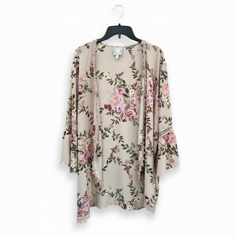Tru Self Boho Chiffon Floral Kimono Jacket Bell Sleeve Crochet Trim Plus 2X